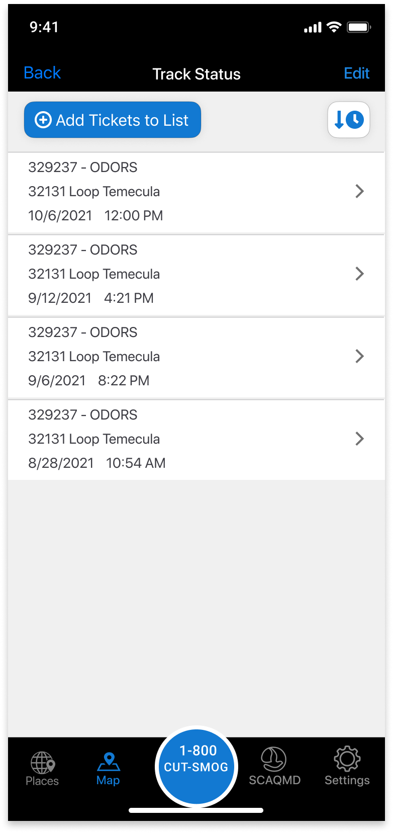 Track Status screen listing previously filed complaints