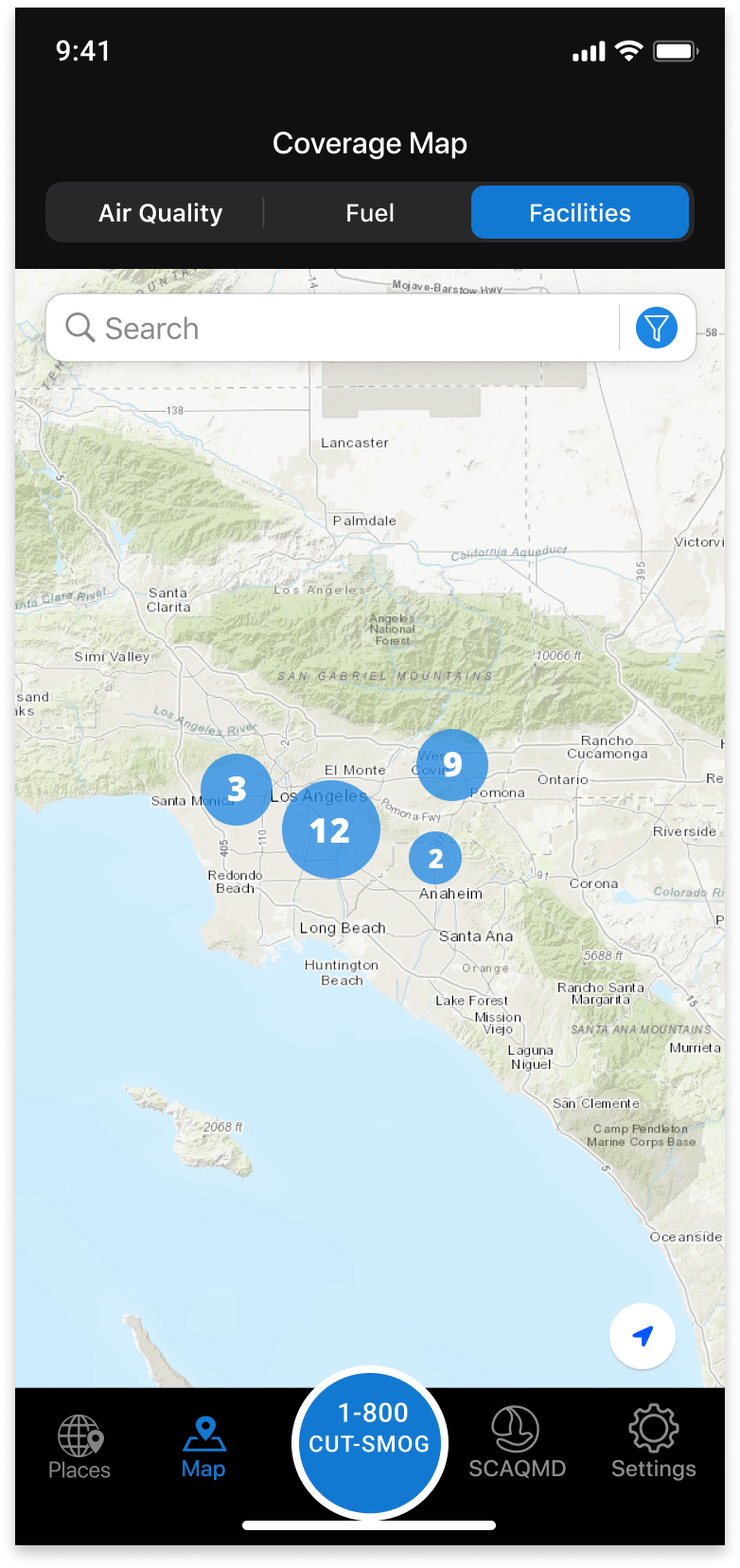 F.I.N.D. coverage map showing clustered facility markers