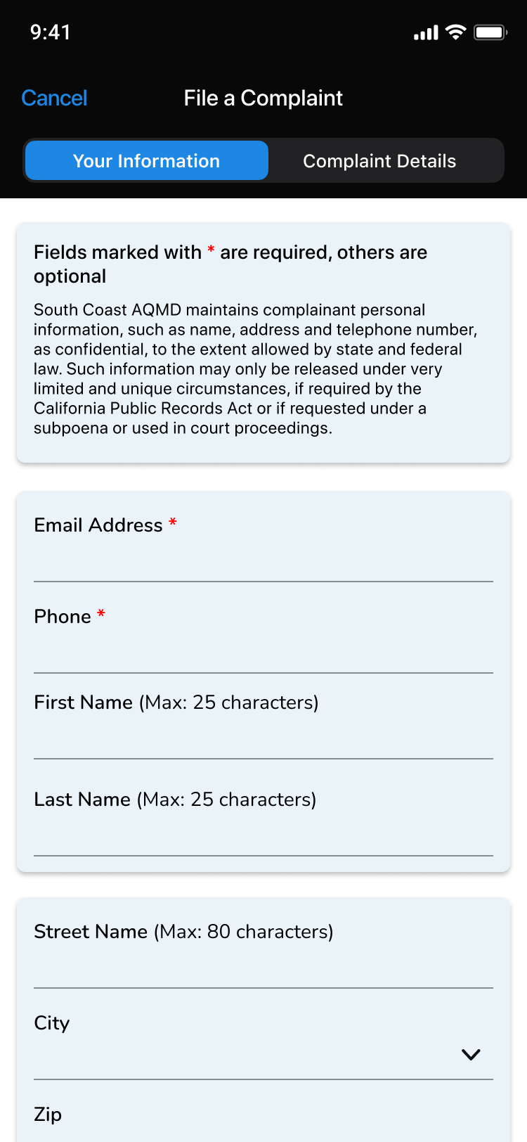 Complaint submittal form asking for contact information