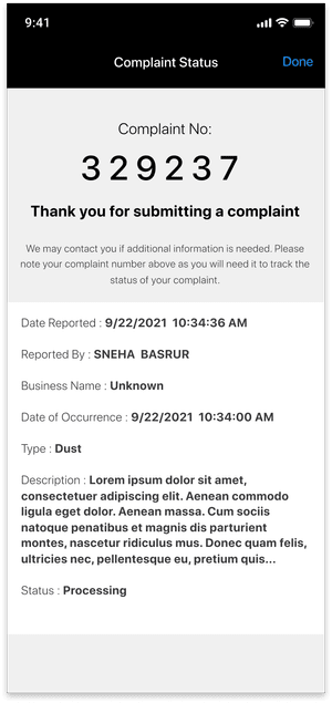 Confirmation screen showing a complaint reference number